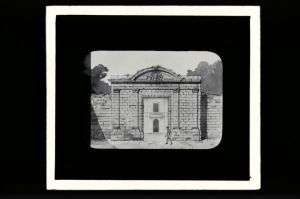 plaque de verre photographique ; Bazas, porte de l’ancien évéché démolie en 1845