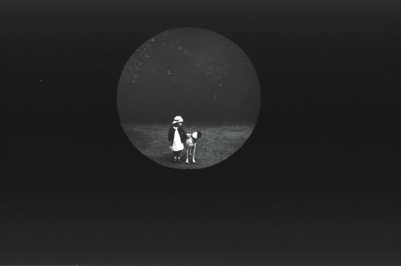 plaque de verre photographique ; Plénée-Jugon : La Touche-Sauvaget : enfant, chien