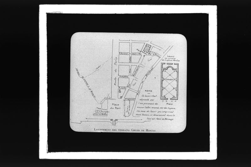 diapositive sur verre ; Voies de La Bastide en 1828 ; Lotissement des terrains Gruer de Montau - Voies deLa Bastide et Lavoir en 1828  (titre de l'œuvre reproduite)
