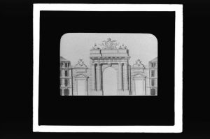 diapositive sur verre ; Porte de Bourgogne (d'après le plan de Lattré 1760) ; Porte de Bourgogne - Commencée en 1751, achevée en 1755, du dessein de M.Ange Jacques Gabriel."
 (titre de l'œuvre reproduite)