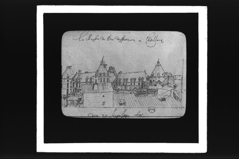 plaque de verre photographique ; Le château de Cadillac d’après H. Van des Hem (Bordeaux et le S.O. sous Louis XIII pl XVI), titre porté sur le dessin : la maison du Duc depernon à Cadillac