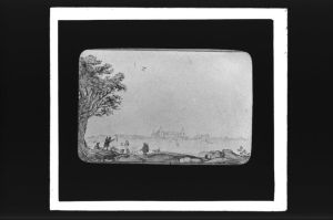 plaque de verre photographique ; Cadillac et le château des ducs d’Epernon, d’après H. Van der Hem (Bordeaux sous Louis XIII pl. XX)