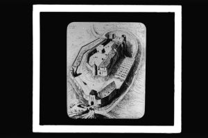 plaque de verre photographique ; château de Benauges, reconstitution cavalière, L. Drouyn Guienne militaire, II pl 114