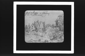 plaque de verre photographique ; Port de Beguey et N.D. du Casse [chapelle Notre-Dame-du-Casse], d’après H. Van des Hem (Bx et le s.o. sous Louis XIII, pl. XXII)