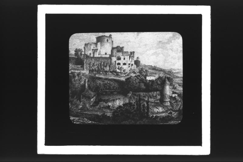 plaque de verre photographique ; château de Langoiran, Vue d’ensemble. L. Drouyn. Guienne militaire p. II, pl. 67