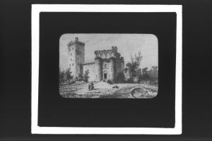 plaque de verre photographique ; château de Lesparre en 1820 (croquis de J.P. Alaux) L. Drouyn Guienne militaire pl 134.