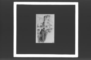 plaque de verre photographique ; Rions, château, Tour d’après L.D.