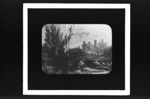 plaque de verre photographique ; Roquetaillade, Vue prise de la vallée à l’ouest, L. Drouyn. Guienne militaire