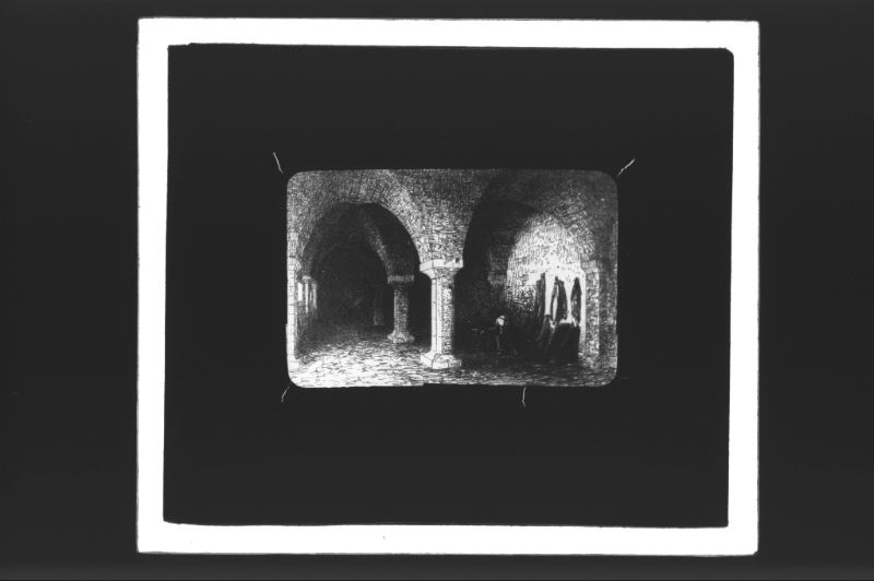 plaque de verre photographique ; Saint-Macaire, Maison Messidan, cave, gravure : L[éo]. Drouyn