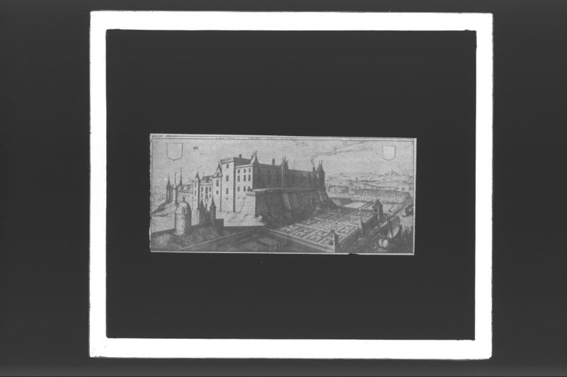 plaque de verre photographique ; château de Vayres sous Henri IV d’après Chastillon