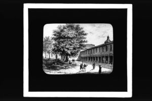 plaque de verre photographique ; Bazas, Collège, ancien cloître, lithographie