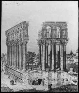 diapositive sur verre ; Bordeaux - Piliers de Tutelle d'après d'Aubigny ; Les piliers de Tutele Bordeaux (titre de l'œuvre reproduite)