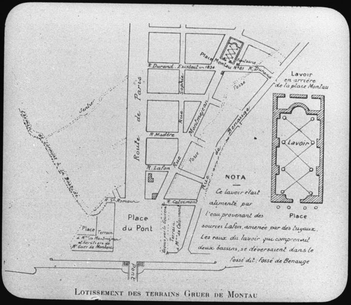 diapositive sur verre ; Voies de La Bastide en 1828 ; Lotissement des terrains Gruer de Montau - Voies deLa Bastide et Lavoir en 1828  (titre de l'œuvre reproduite)