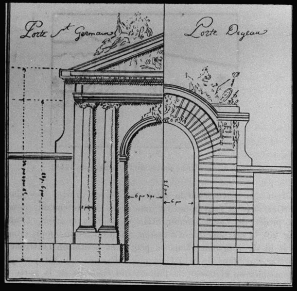 diapositive sur verre ; Projet de Portier pour les Portes Dijeaux et Saint Germain ; Projet de Portier pour les portes Dijeaux et Saint Germain" (titre de l'œuvre reproduite)