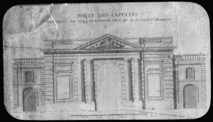 diapositive sur verre ; Porte des Capucins dessin au lavis XVIIIème siècle