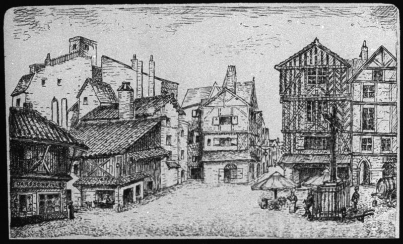 diapositive sur verre ; Le Marché en 1863 ; la Place du Vieux Marché vers 1863 (titre de l'œuvre reproduite)