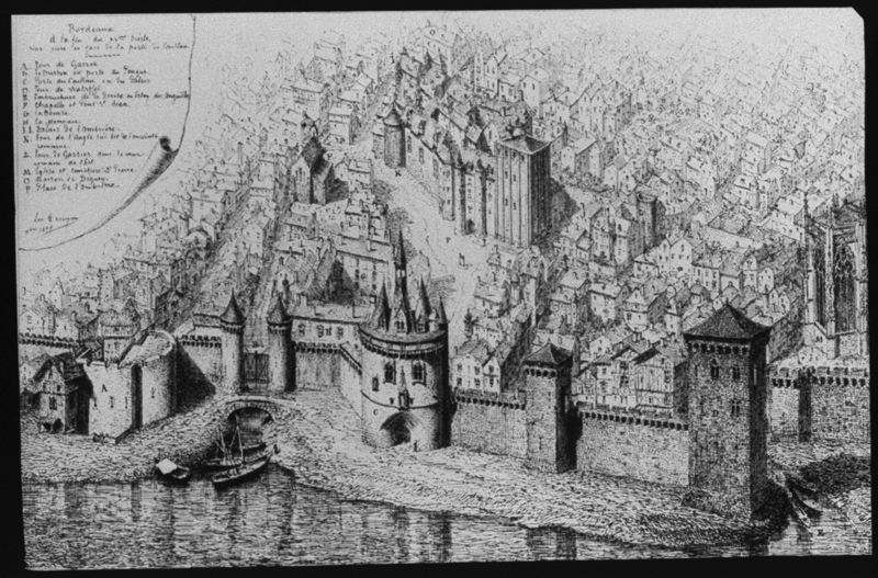 diapositive sur verre ; Bordeaux XVème - Vue face à la Porte du Caillou (dessin de Léo Drouyn) ; Bordeaux à la fin du XVème siècle (titre de l'œuvre reproduite)