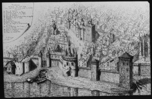 diapositive sur verre ; Bordeaux XVème - Vue face à la Porte du Caillou (dessin de Léo Drouyn) ; Bordeaux à la fin du XVème siècle (titre de l'œuvre reproduite)