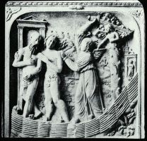 plaque de verre photographique ; Mont-Saint-Michel (Le) : la Basilique : Adam et Eve