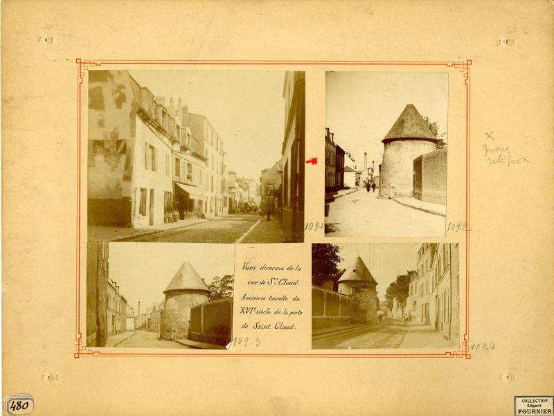 Vues diverses de la rue de Saint-Cloud à Suresnes avec l'ancienne tourelle du XVIè siècle de la porte de Saint-Cloud