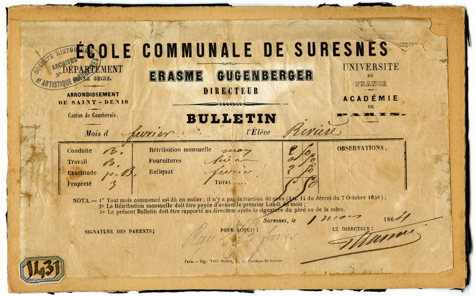 Bulletin de notes de l'école communale de Suresnes