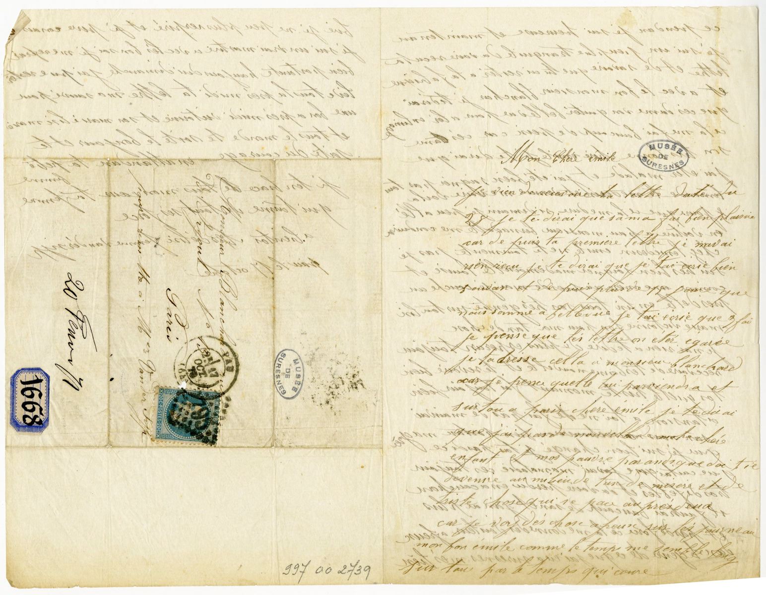 Lettre du 17/10/1870 arrivée à Suresnes le 20/02/1871