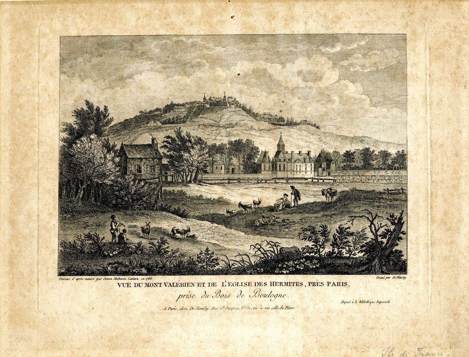 Vue du Mont Valérien et de l'église des Hermites près Paris, prise du Bois de Boulogne