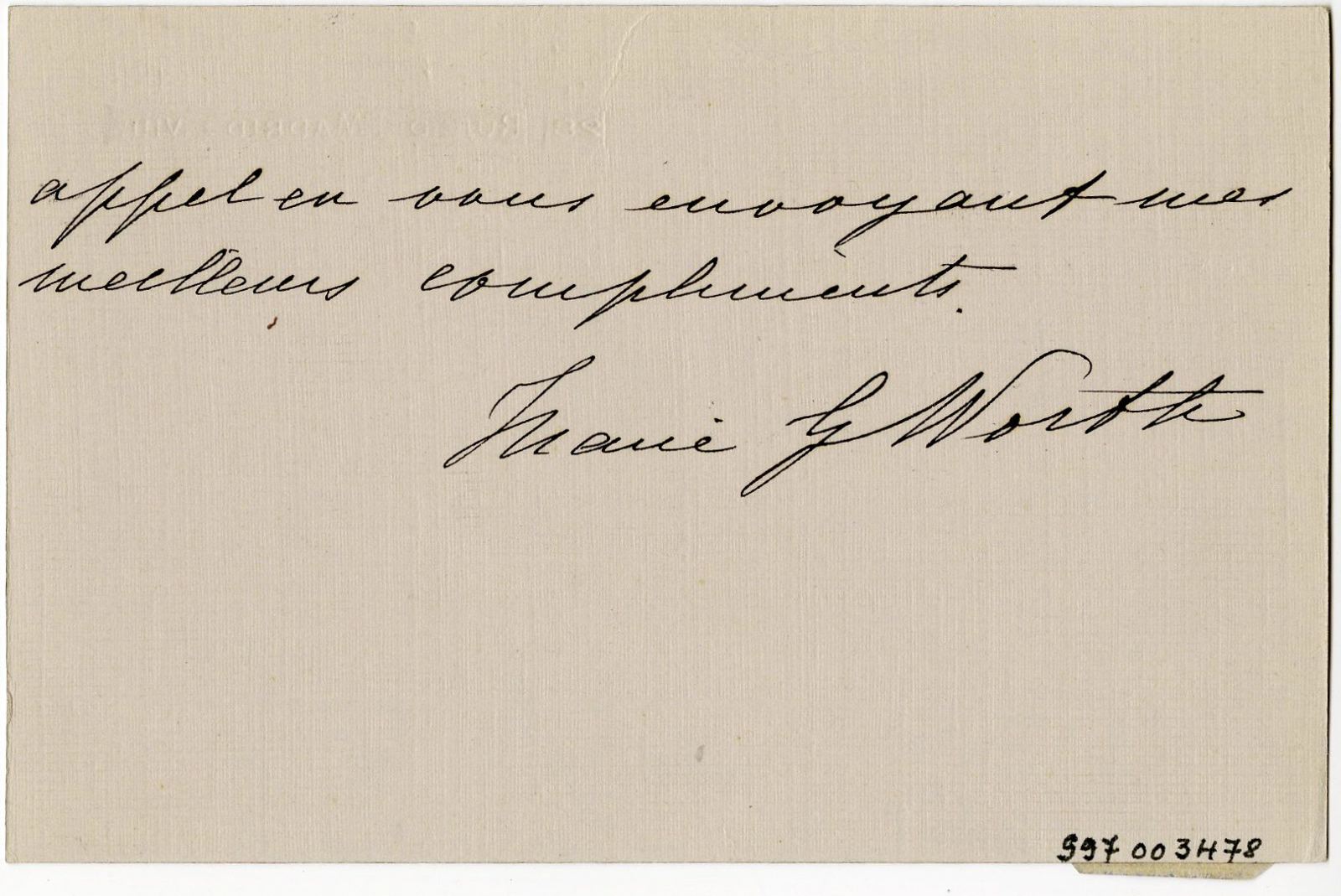 Lettre de Madame G. Worth