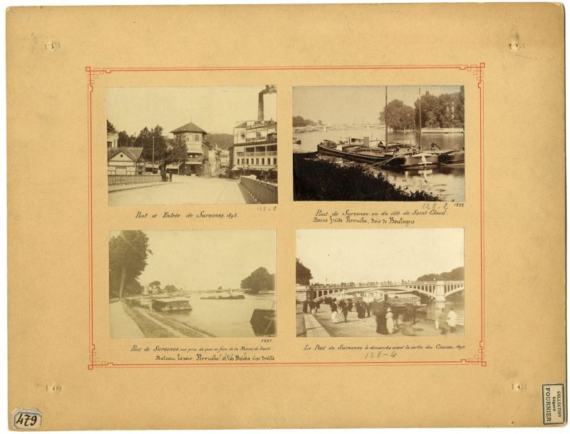 Le pont à l'entrée de Suresnes ; le bateau lavoir ; la Seine en amont du pont ; le pont le dimanche