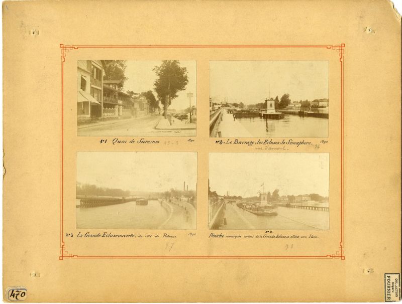 Quai de Suresnes en 1890 ; Le barrage avec les écluses et le sémaphore ; La grande écluse ouverte du côté de Puteaux ; Une péniche remorquée sortant de la grande écluse et allant vers Paris