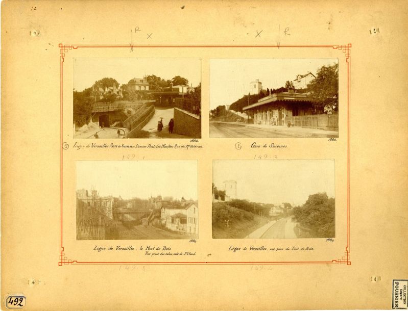 Ligne de Versailles, gare de Suresnes avec l'ancien pont et les montées rue du Mont Valérien en 1886 ; La gare de Suresnes en 1886 ; La ligne de Versailles et le Pont de Bois vue prise depuis Saint Cloud en 1889 ; La ligne de Versailles vue prise du Pont de Bois en 1889