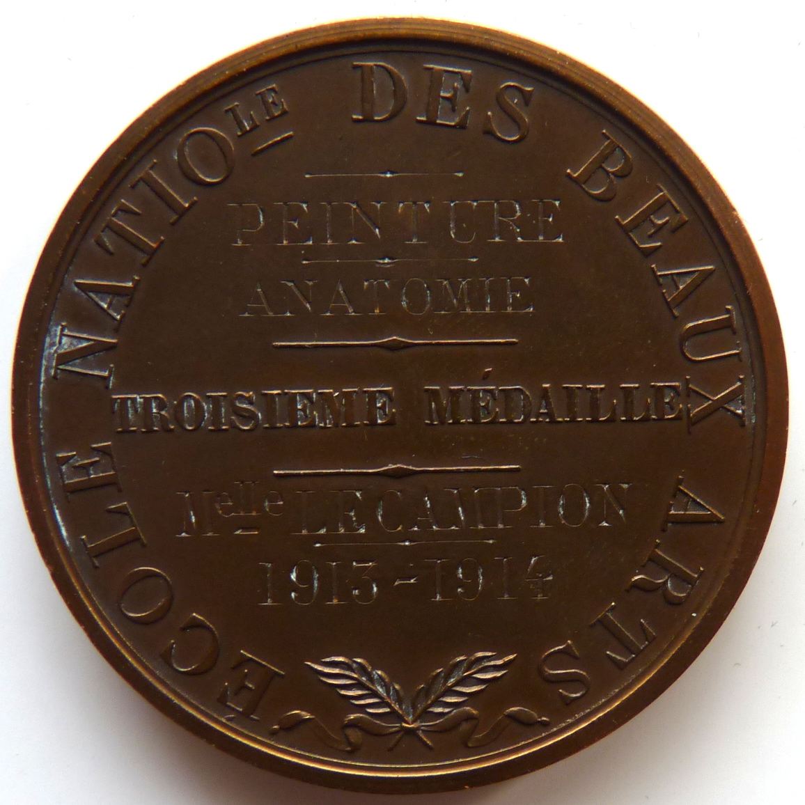 Ecole Nationale des Beaux Arts - Peinture Anatomie - Troisième médaille - Melle Lecampion - 1913-1914