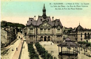 Suresnes - L'Hôtel de Ville - Le square - La Salle des Fêtes - La Rue du Mont Valérien - Au loin, le Fort du Mont-Valérien