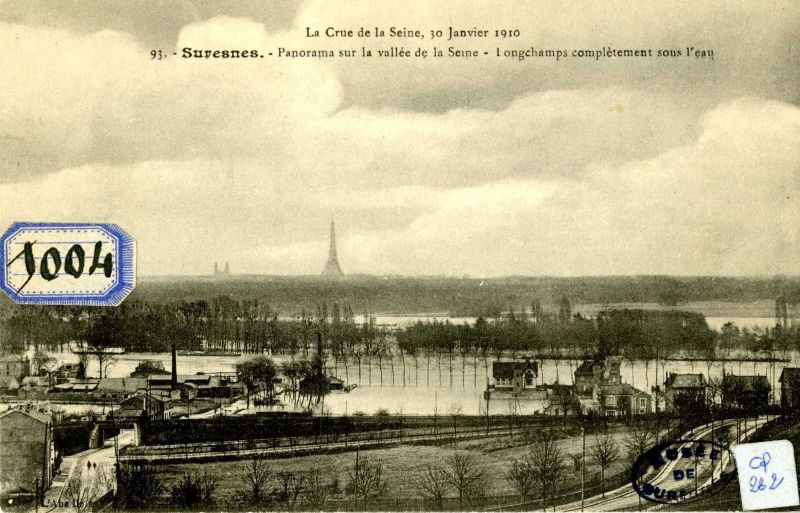 La crue de la Seine, 30 janvier 1910. Panorama sur la vallée de la Seine. Longchamps complètement sous l'eau