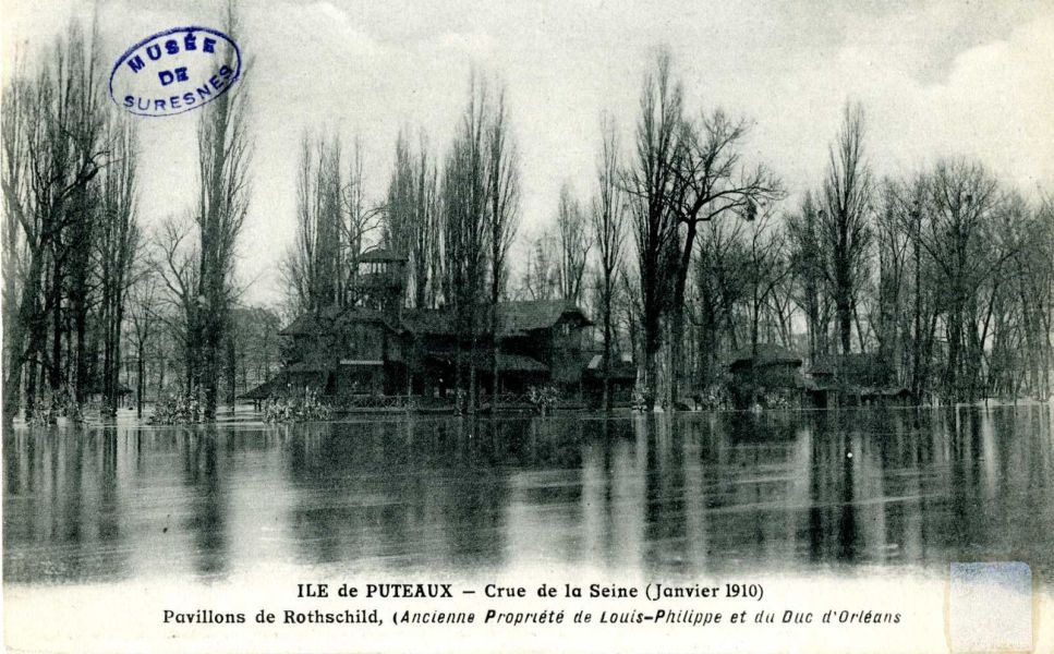Ile de Puteaux - Crue de la Seine (Janvier 1910)  Pavillons de  Rothschild, (Ancienne propriété de Louis-Philippe et du Duc d'Orléans)