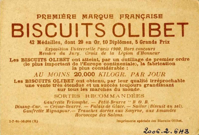 Carte réclame Olibet : Histoire anecdotique de l’alimentation (Le Chocolat)
