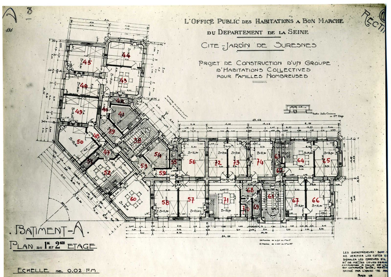 Plan du 1er et 2ème étage du bâtiment A, Cité-jardins, habitations collectives pour familles nombreuses.