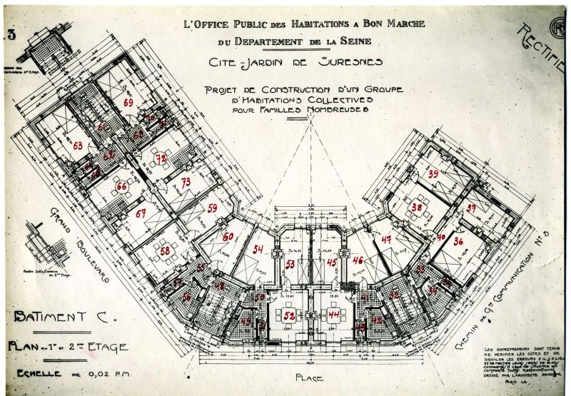 Plan du 1er et 2ème étage du bâtiment C, Cité jardins, habitations collectives pour familles nombreuses.