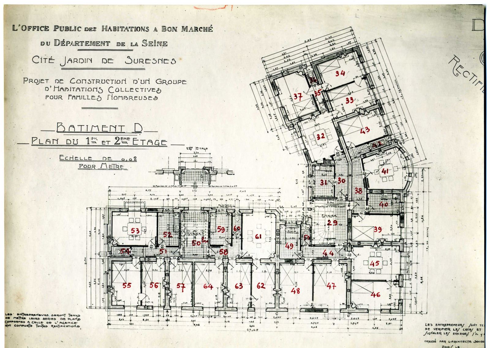 Plan du 1er et 2ème étage du bâtiment D, Cité-jardins, habitations collectives pour familles nombreuses.