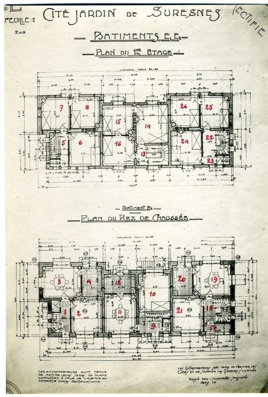 Plan du rez-de-chaussée et du 1er étage du bâtiment E1 et E2, Cité-jardins