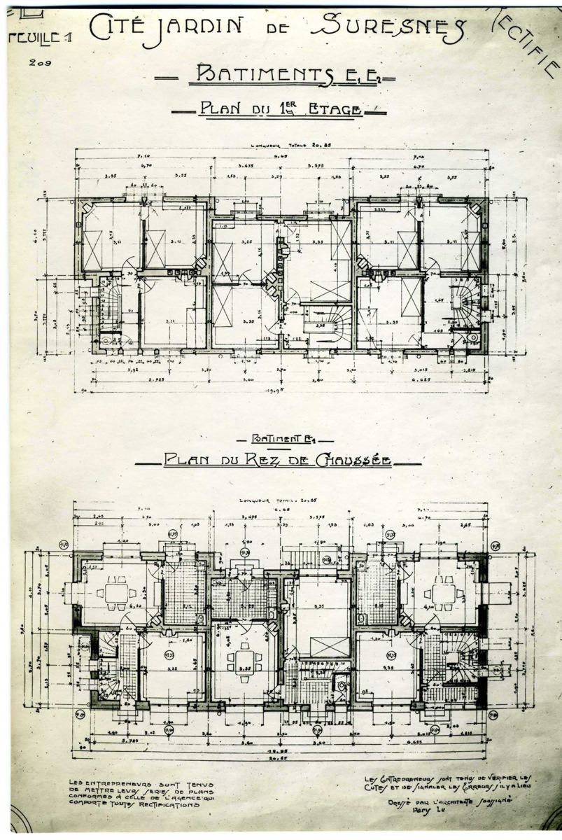 Plan du rez-de-chaussée et du 1er étage du bâtiment E1 et E2, Cité jardins