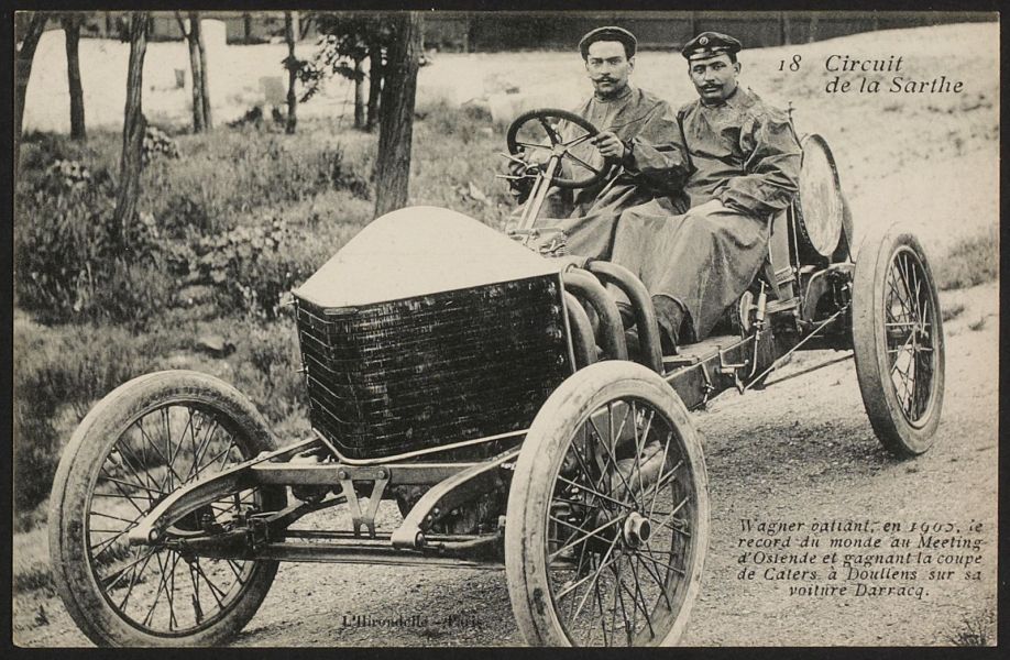 Wagner battant en 1905, le record du monde au meeting d'Ostende et gagant la coupe de Caters à Doullens sur sa voiture Darracq