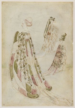 Une femme et deux hommes portant de longs manteaux ; Trois Apôtres et sept hérons (verso)