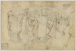 Une femme et deux hommes portant de longs manteaux ; Trois Apôtres et sept hérons (verso)
