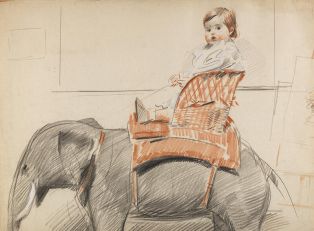 Paulette Helleu, bébé, sur son éléphant ; © Bayonne, musée Bonnat-Helleu / cliché A. Vaquero