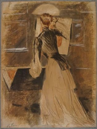 Madeleine Carlier regardant un carton à dessin ; © Bayonne, musée Bonnat-Helleu / cliché É. Remazeilles - H. Charbey
