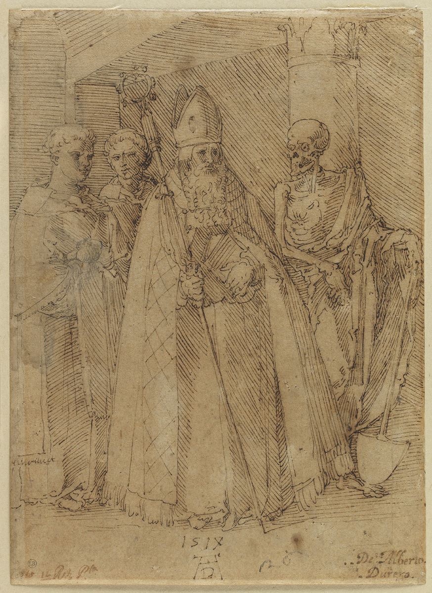 Évêque accompagné de deux prêtres et de la Mort