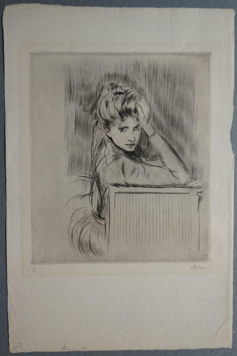 Portrait de femme (Alice Helleu ?) assise, reposant son front sur sa main