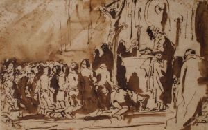 Groupe de fidèles agenouillés devant un crucifix ; © Bayonne, musée Bonnat-Helleu / cliché A.-I. Urruspil