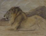Lion couché dans un paysage ; Étude d'un loup avançant ve...